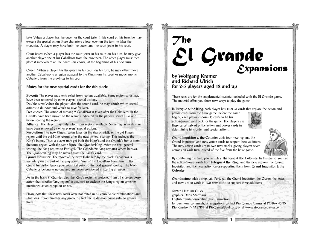 Rio Grande Games 80 manual El Grande, English translation/editing Jay Tummelson 