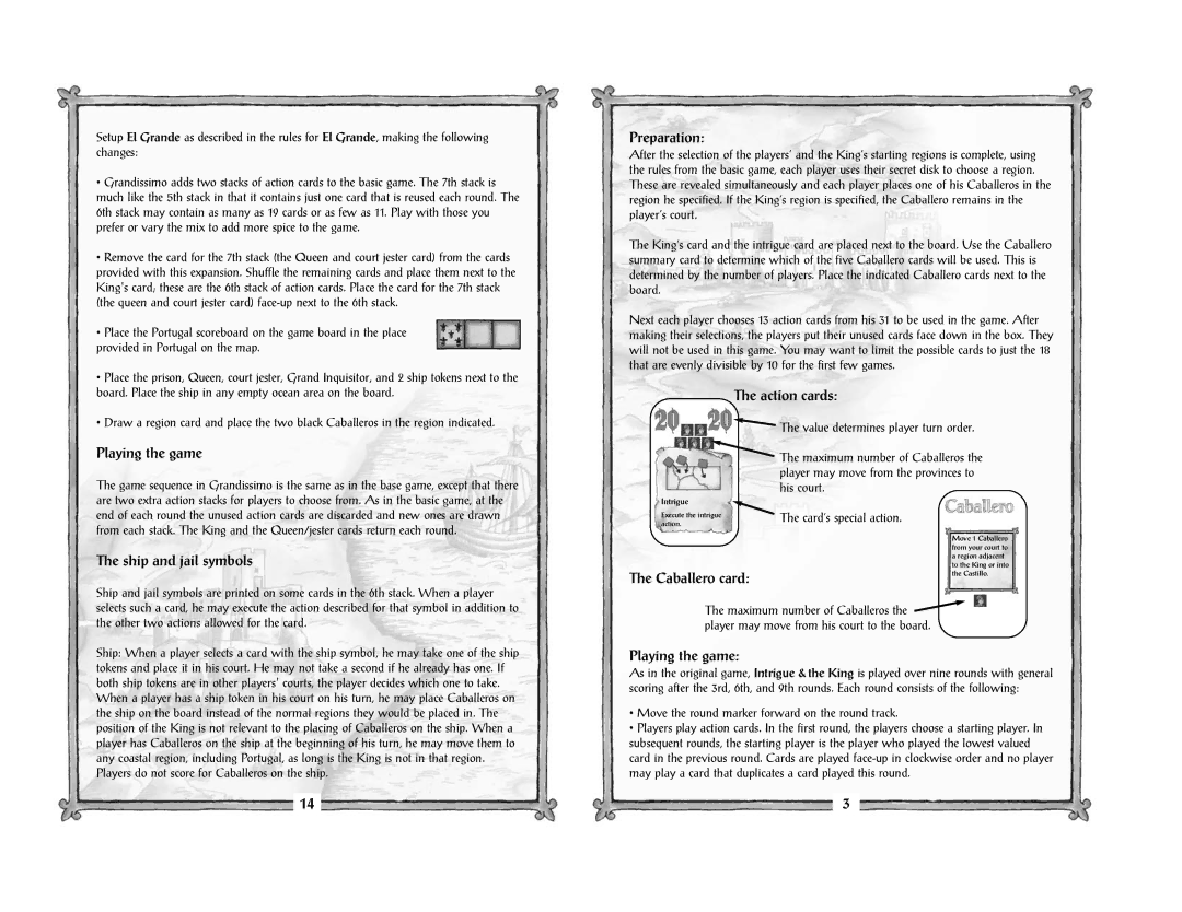 Rio Grande Games 80 manual Preparation, Action cards, Playing the game, Ship and jail symbols, Caballero card 