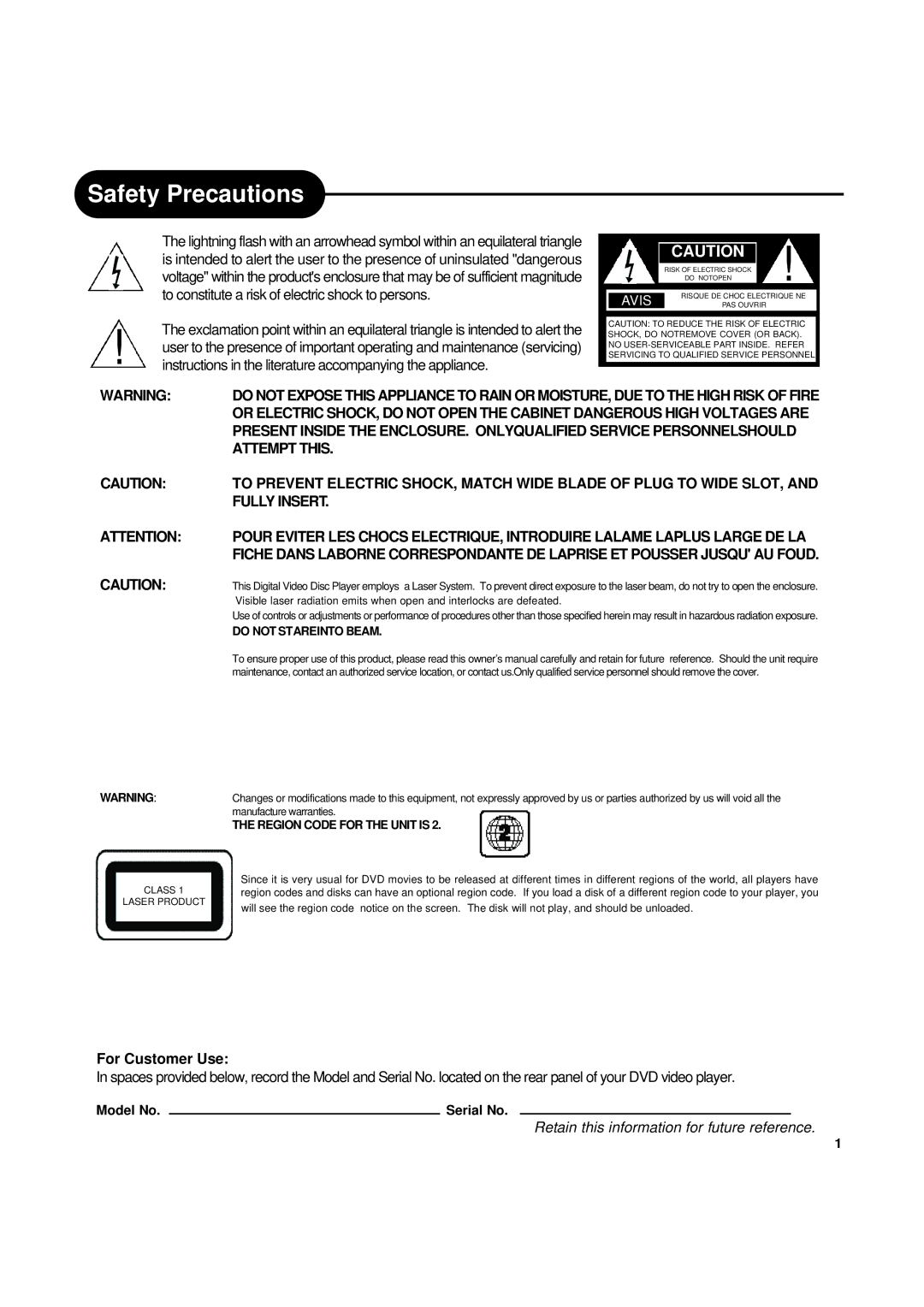 Ritek Yakumo DVD Record MasterXL DVD+RW Recorder/Player manual Safety Precautions, For Customer Use 