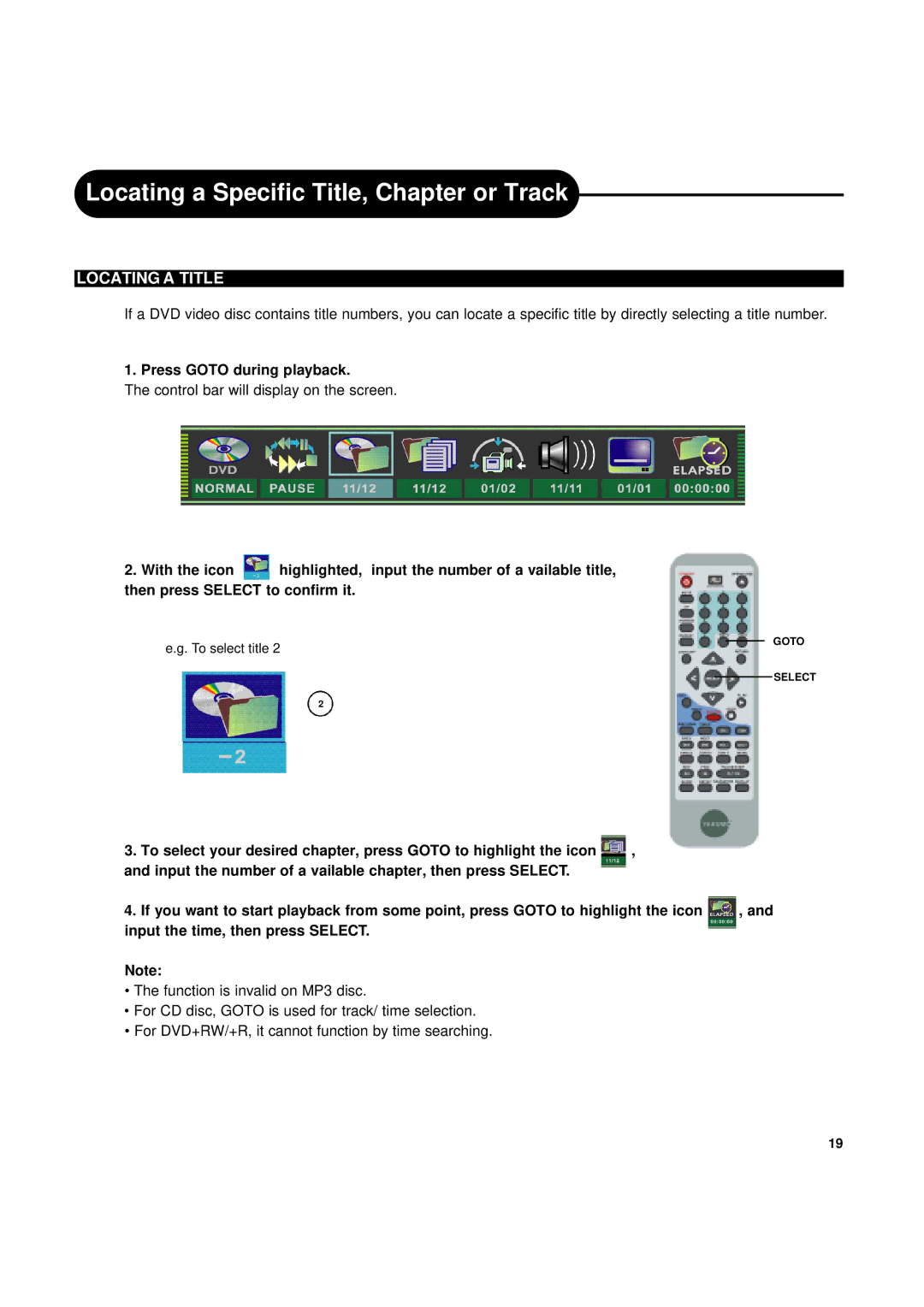 Ritek Yakumo DVD Record MasterXL DVD+RW Recorder/Player manual Locating a Title, Press Goto during playback 