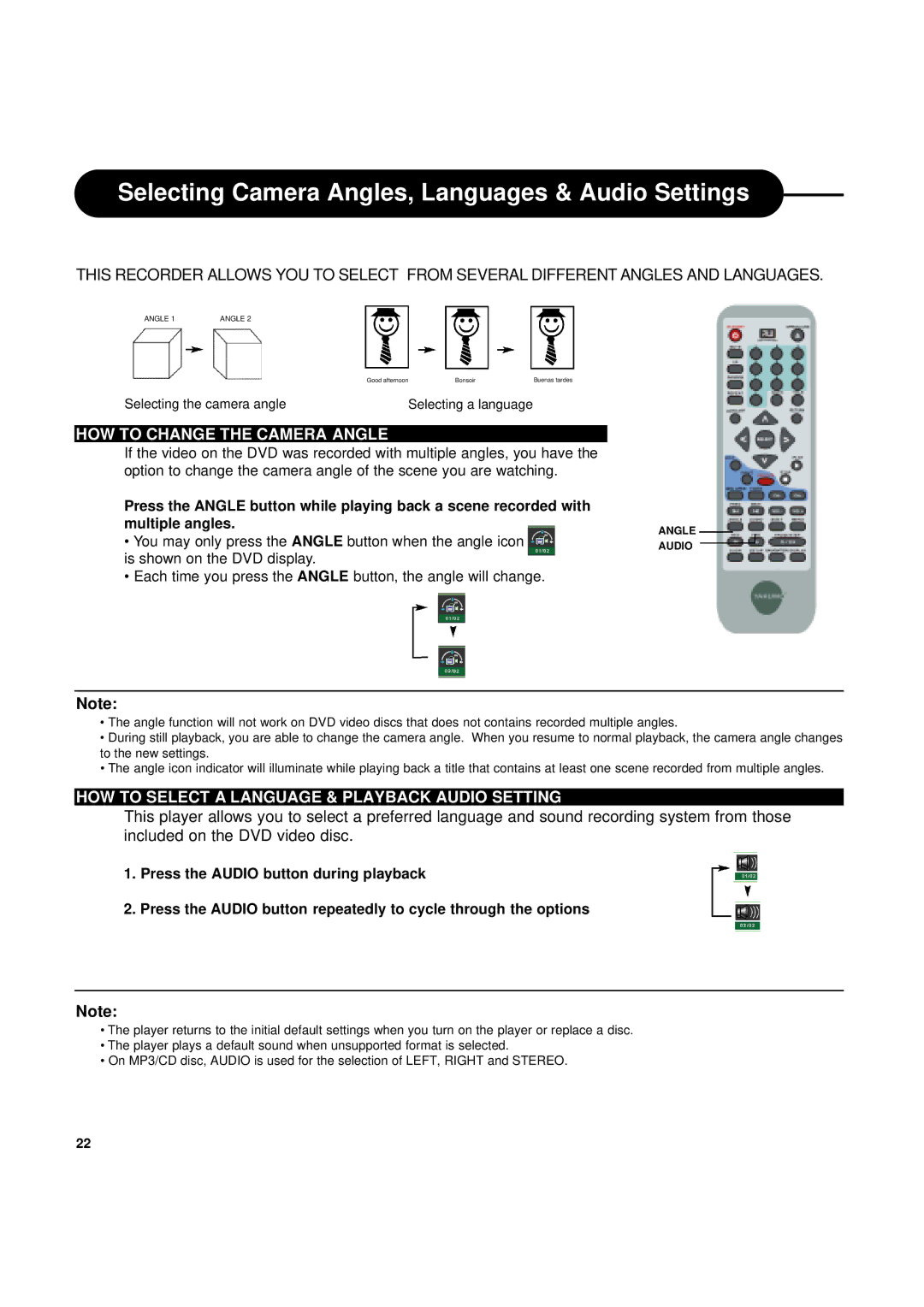 Ritek Yakumo DVD Record MasterXL DVD+RW Recorder/Player manual Selecting Camera Angles, Languages & Audio Settings 