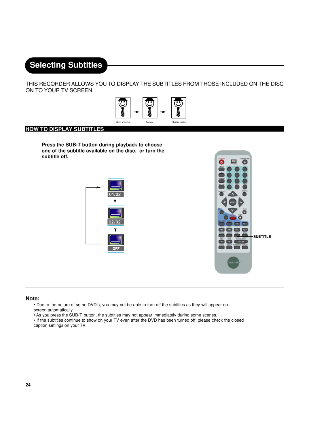 Ritek Yakumo DVD Record MasterXL DVD+RW Recorder/Player manual Selecting Subtitles, HOW to Display Subtitles 