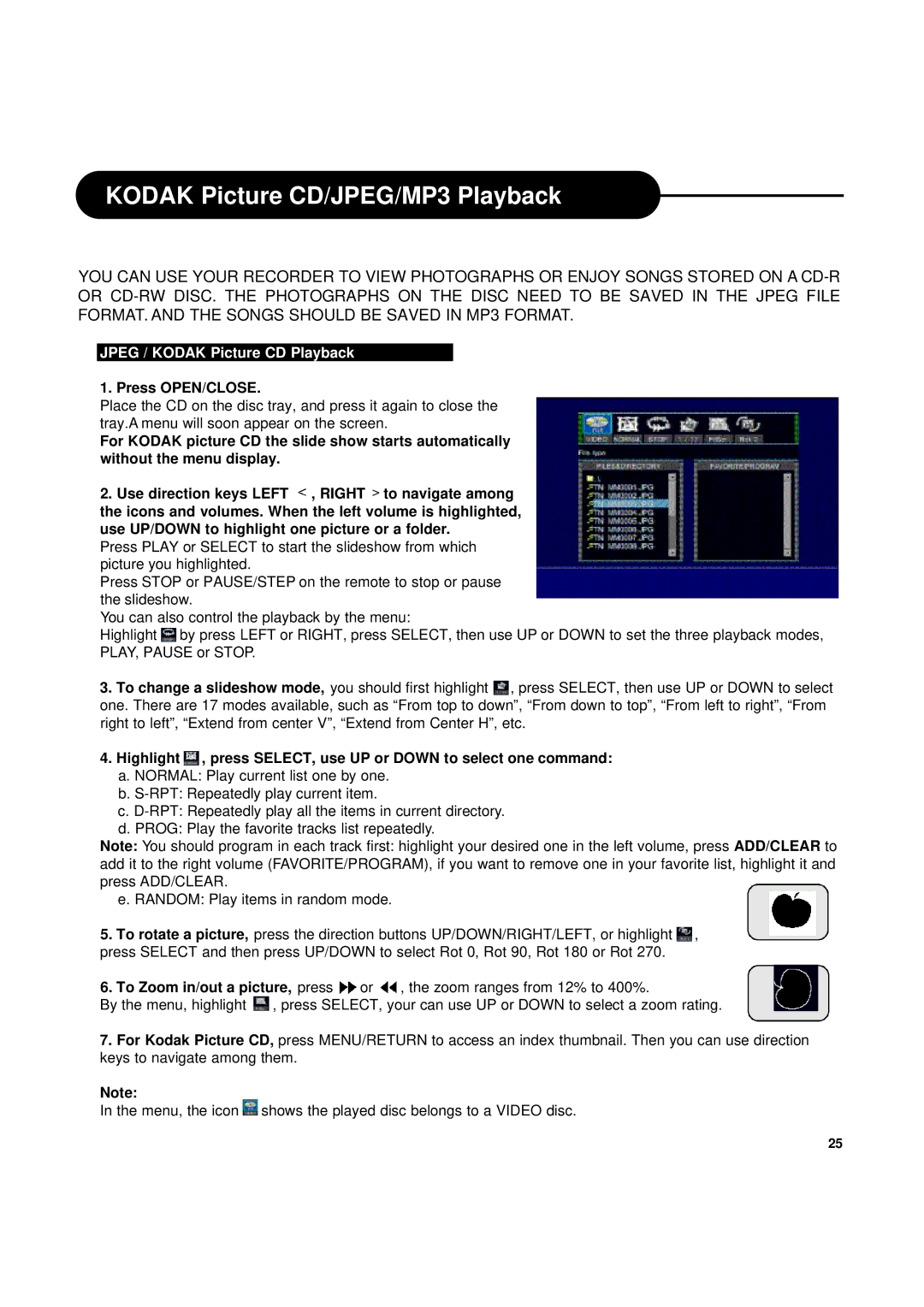 Ritek Yakumo DVD Record MasterXL DVD+RW Recorder/Player manual Kodak Picture CD/JPEG/MP3 Playback, Press OPEN/CLOSE 