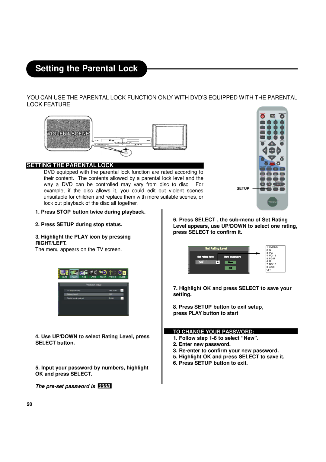 Ritek Yakumo DVD Record MasterXL DVD+RW Recorder/Player manual Setting the Parental Lock, Menu appears on the TV screen 