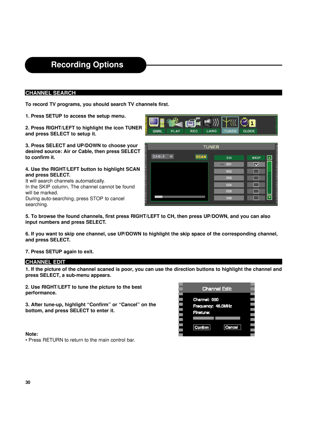 Ritek Yakumo DVD Record MasterXL DVD+RW Recorder/Player manual Recording Options, Channel Search, Channel Edit 