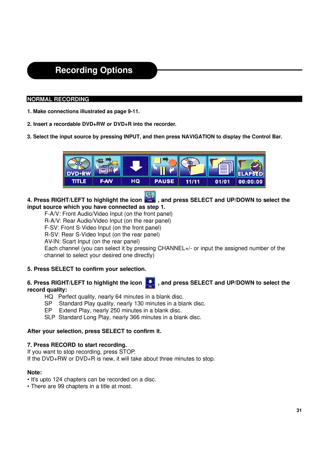 Ritek Yakumo DVD Record MasterXL DVD+RW Recorder/Player manual Normal Recording, Press Select and UP/DOWN to select 