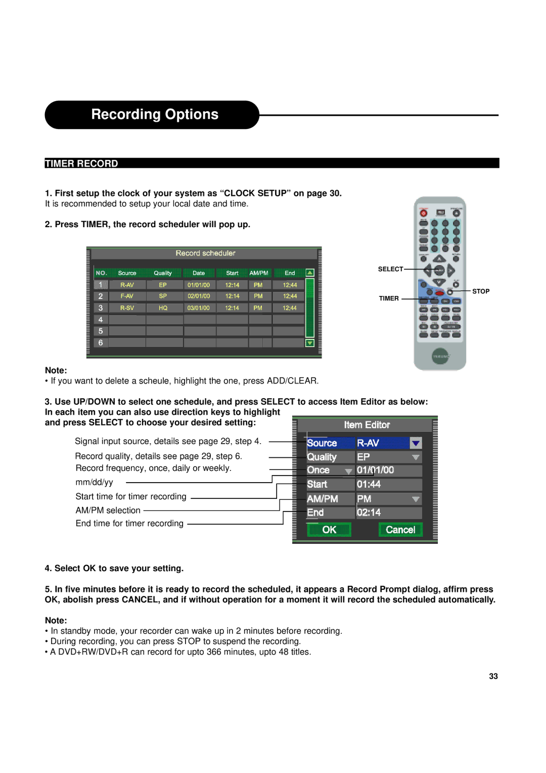 Ritek Yakumo DVD Record MasterXL DVD+RW Recorder/Player manual Timer Record, Select OK to save your setting 