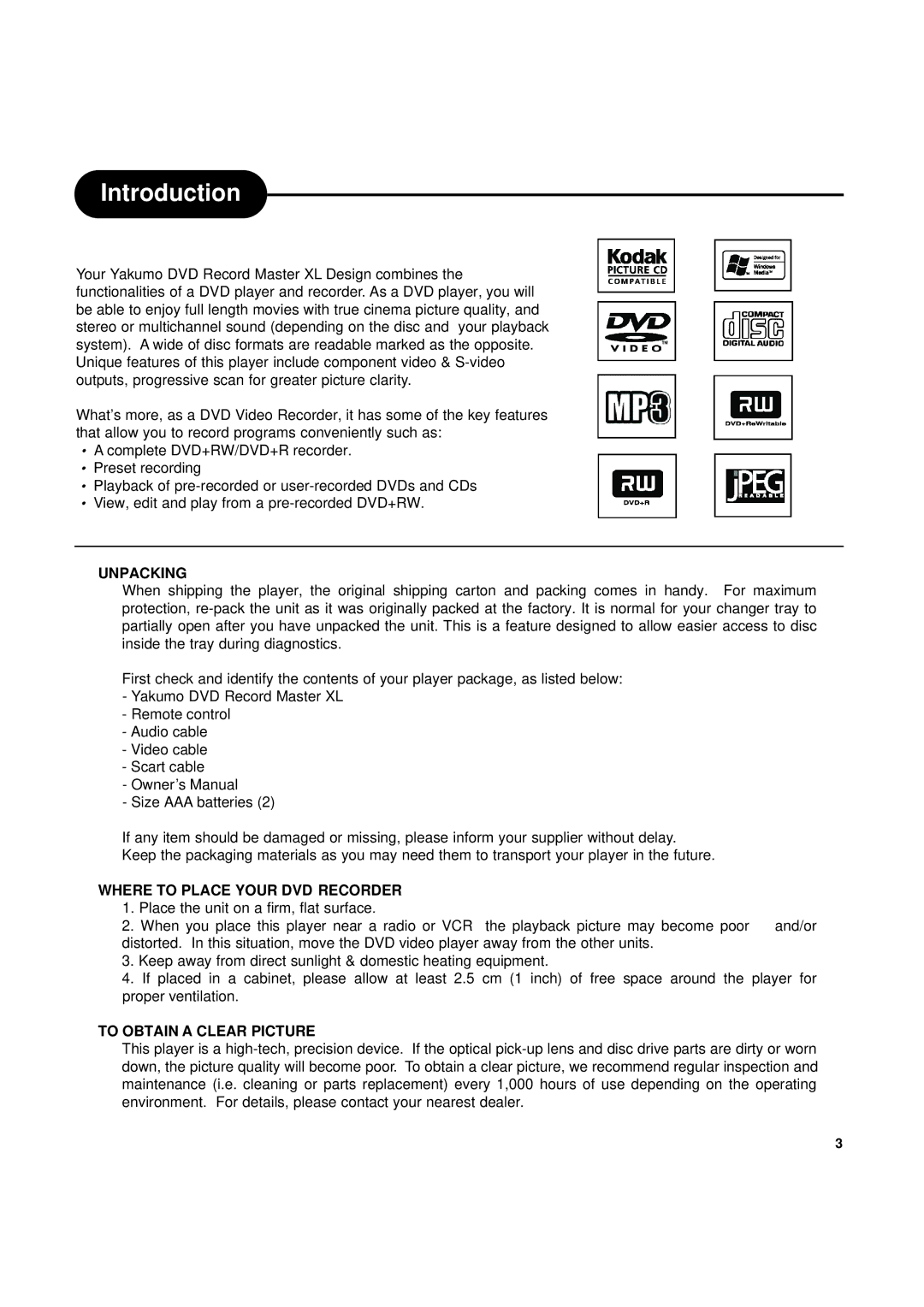 Ritek Yakumo DVD Record MasterXL DVD+RW Recorder/Player manual Introduction, Unpacking 