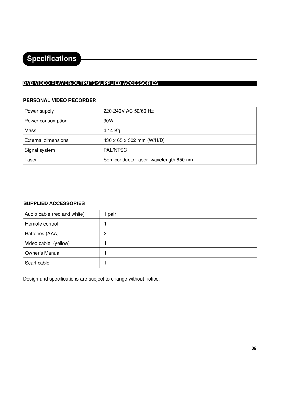 Ritek Yakumo DVD Record MasterXL DVD+RW Recorder/Player Specifications, DVD Video PLAYER/OUTPUTS/SUPPLIED Accessories 