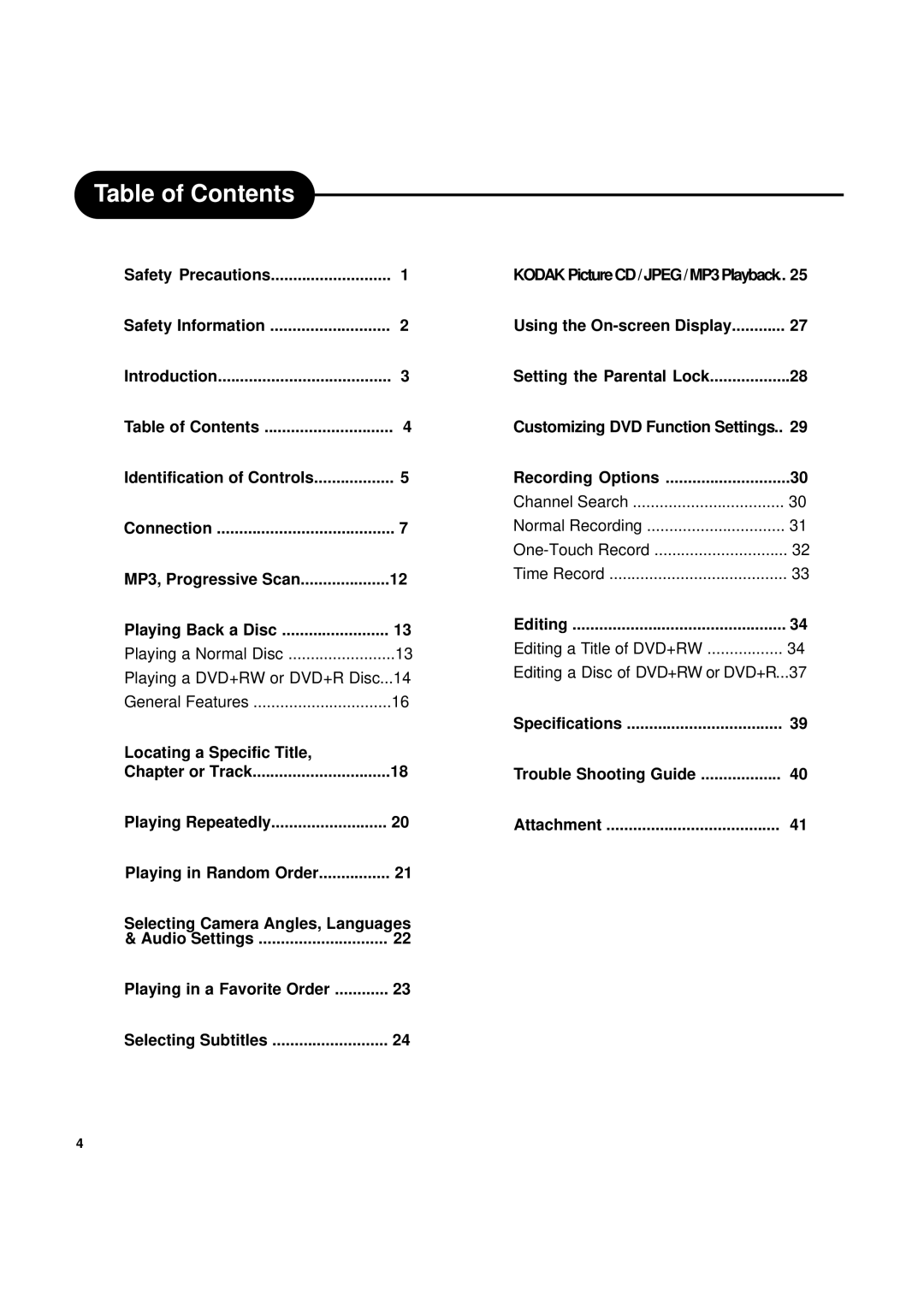 Ritek Yakumo DVD Record MasterXL DVD+RW Recorder/Player manual Table of Contents 