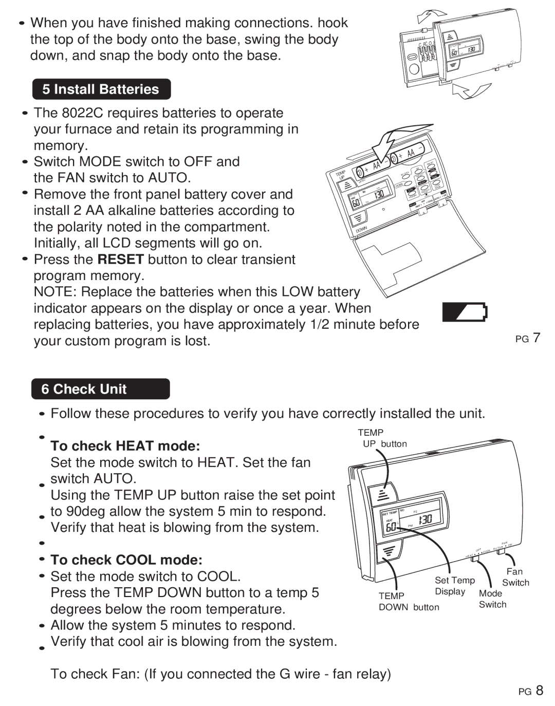 ritetemp 401-014 manual Install Batteries, Check Unit, To check Heat mode, To check Cool mode 