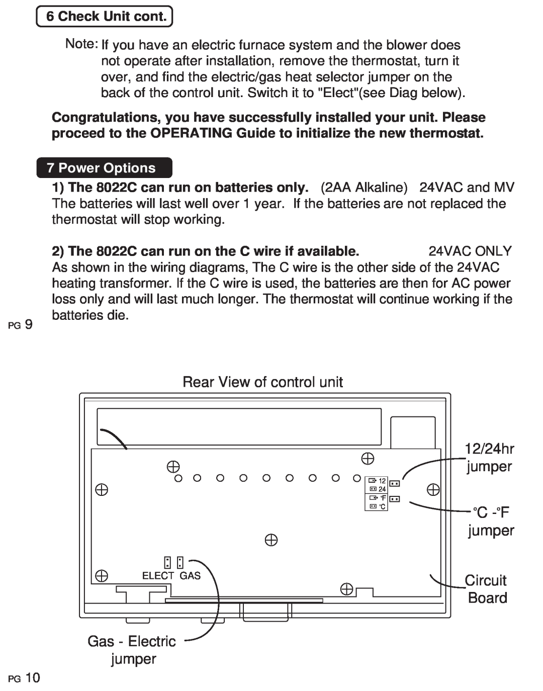 ritetemp 401-014 Rear View of control unit, 12/24hr, Circuit, Board, Gas - Electric jumper, Check Unit cont, oC -oF 