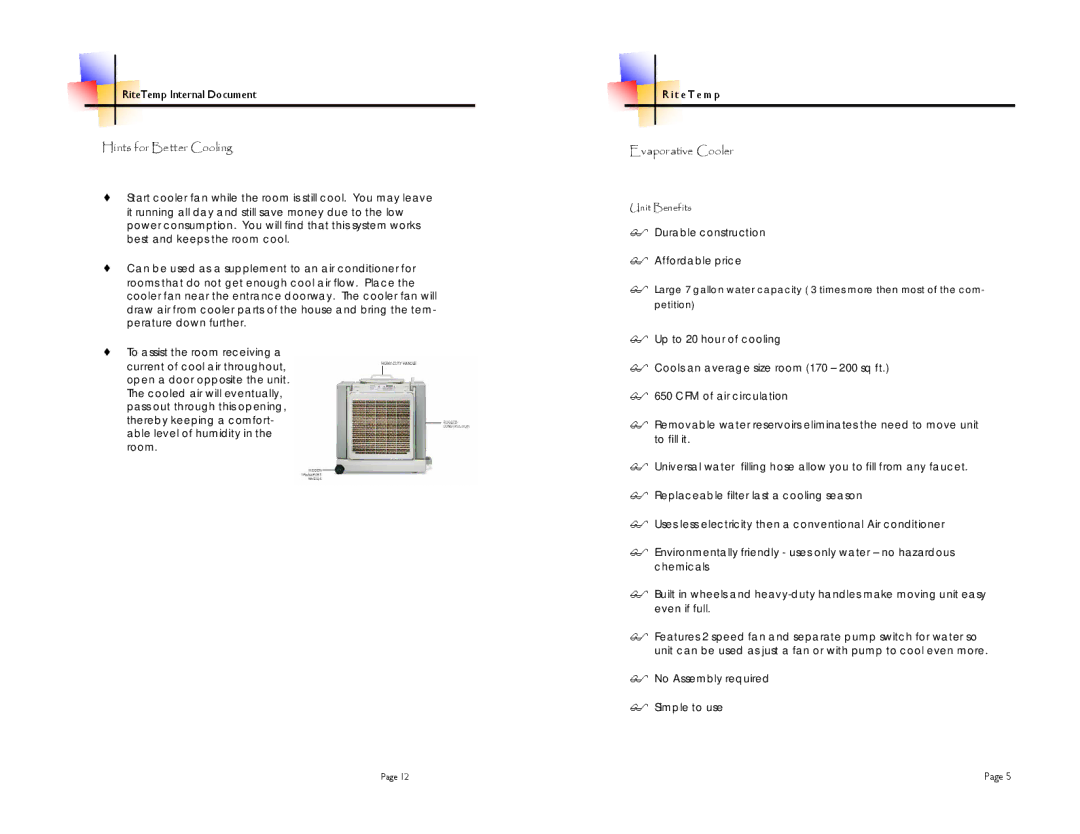 ritetemp 5051 brochure Hints for Better Cooling, Evaporative Cooler, Unit Benefits 