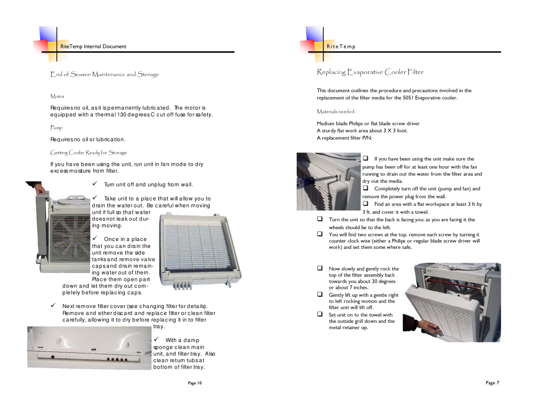 ritetemp 5051 brochure Replacing Evaporative Cooler Filter, Motor, Pump, Materials needed 