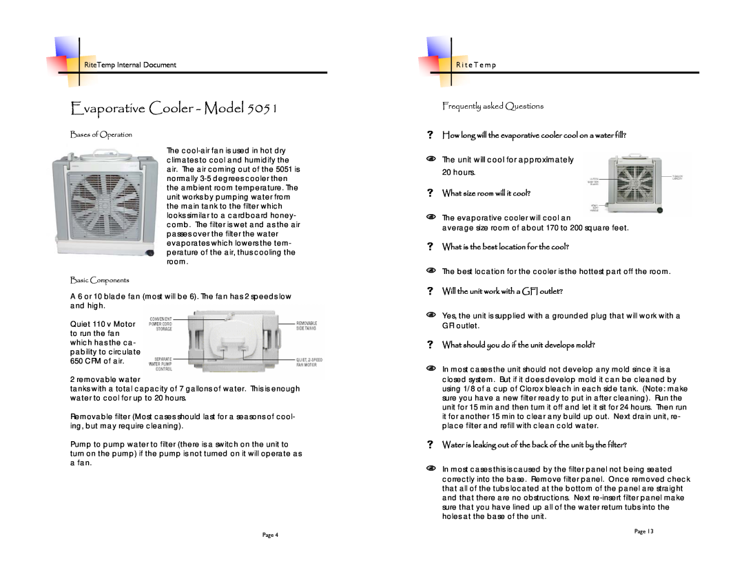 ritetemp 5051 brochure Evaporative Cooler - Model, Frequently asked Questions, What size room will it cool? 