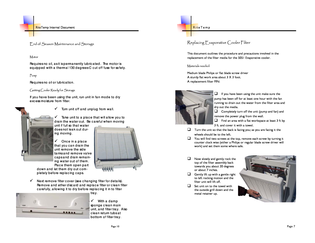 ritetemp 5051 brochure Replacing Evaporative Cooler Filter, End of Season Maintenance and Storage 