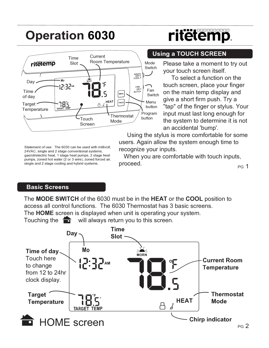 ritetemp 6030 manual Basic Screens Using a Touch Screen, Touching Will always return you to this screen, Chirp indicator 