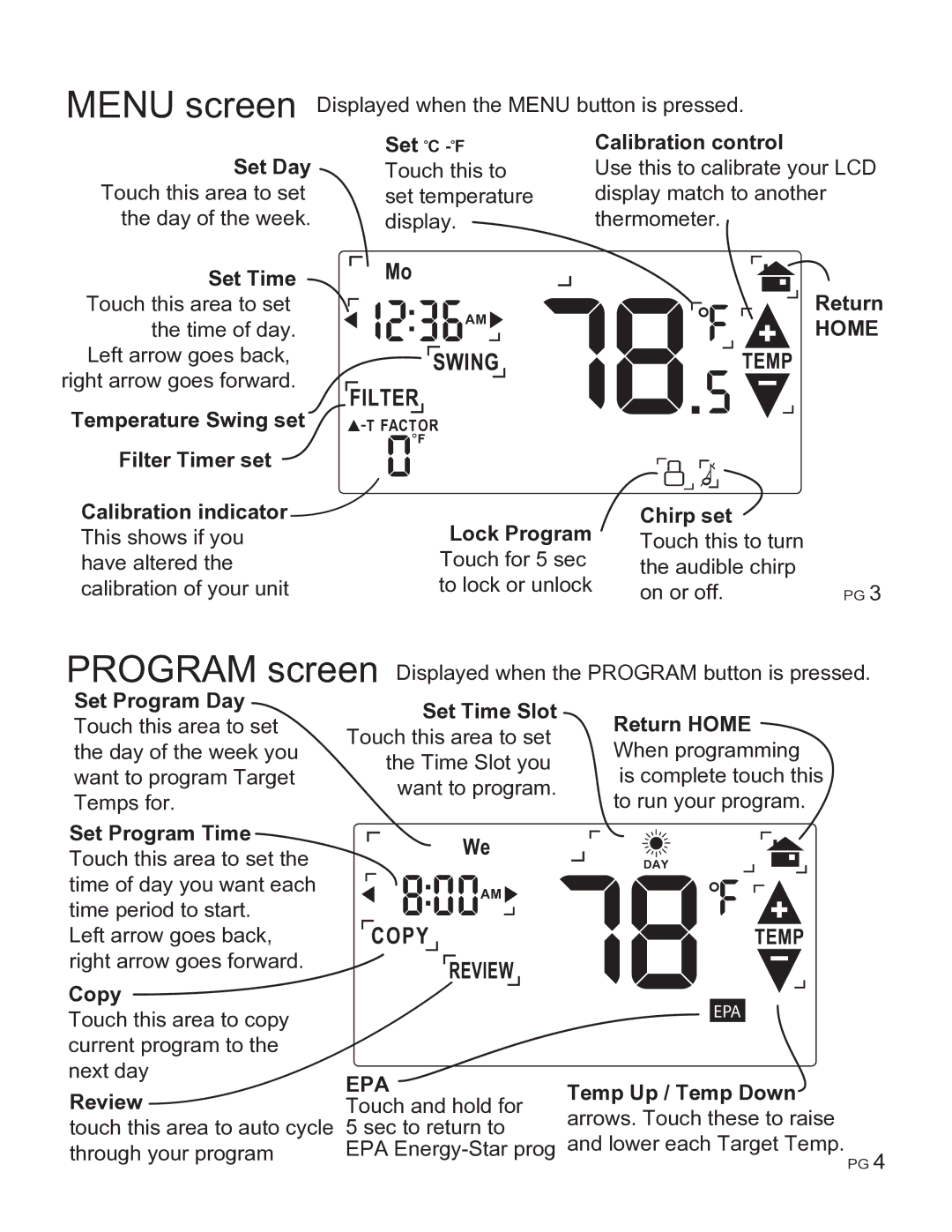 ritetemp 6030 Temperature Swing set Filter Timer set Set oC -oF, Calibration control, Return, Lock Program Chirp set, Copy 