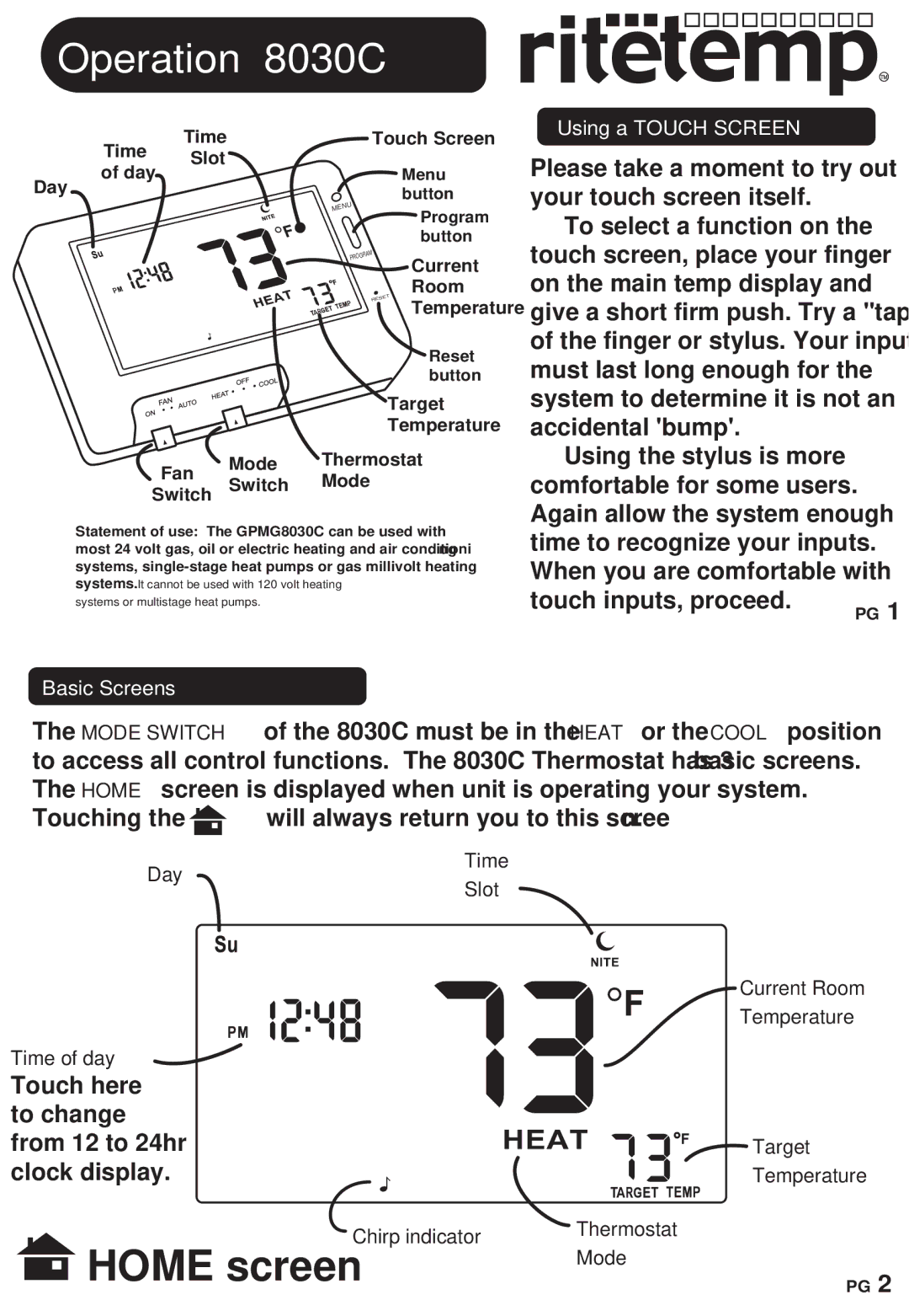 ritetemp 8030C manual Using a Touch Screen, Basic Screens, Temperature, Chirp indicator Thermostat, Mode 