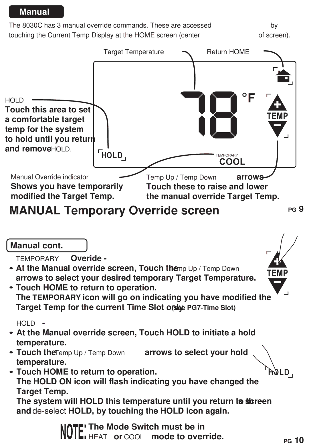 ritetemp 8030C manual Manual, Target Temperature, Hold, Temporary Overide 