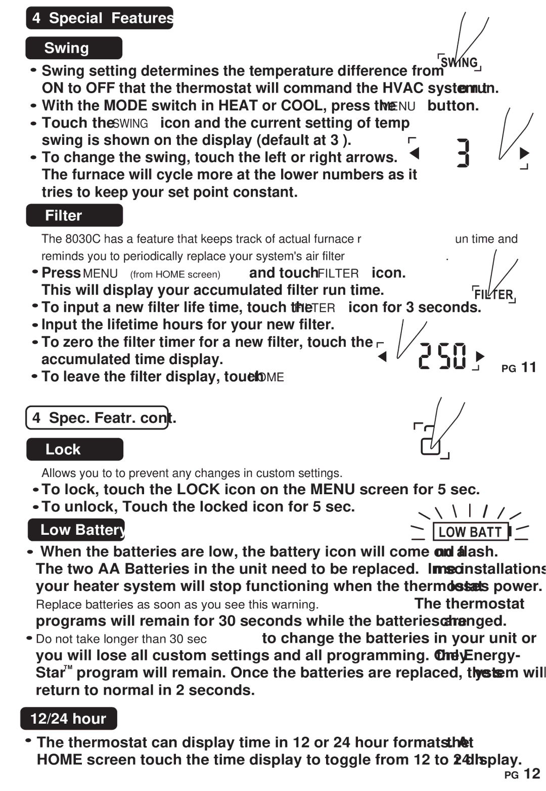 ritetemp 8030C manual Special Features Swing, Filter, Lock, Low Battery, 12/24 hour 