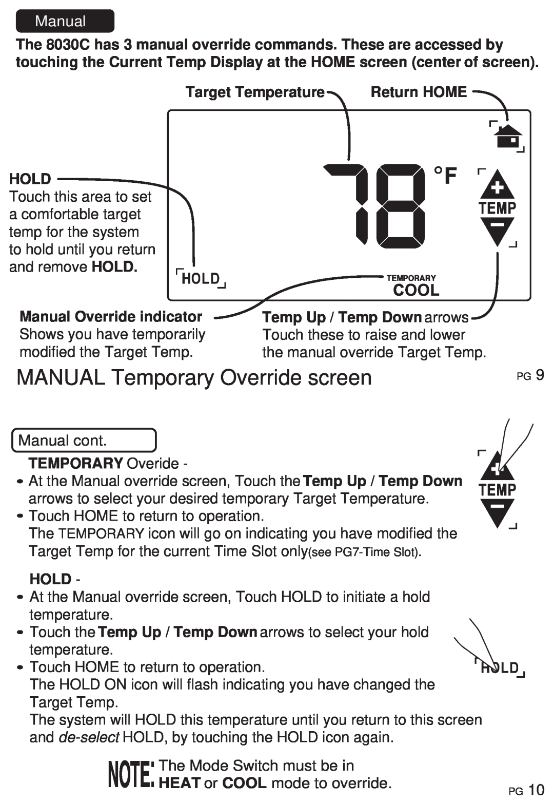 ritetemp 8030C manual Manual, Target Temperature, Hold, TEMPORARY Overide, MANUAL Temporary Override screen 