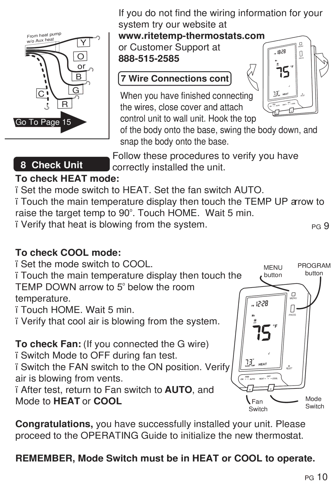 ritetemp 8035C manual Check Unit, To check Heat mode, To check Cool mode 