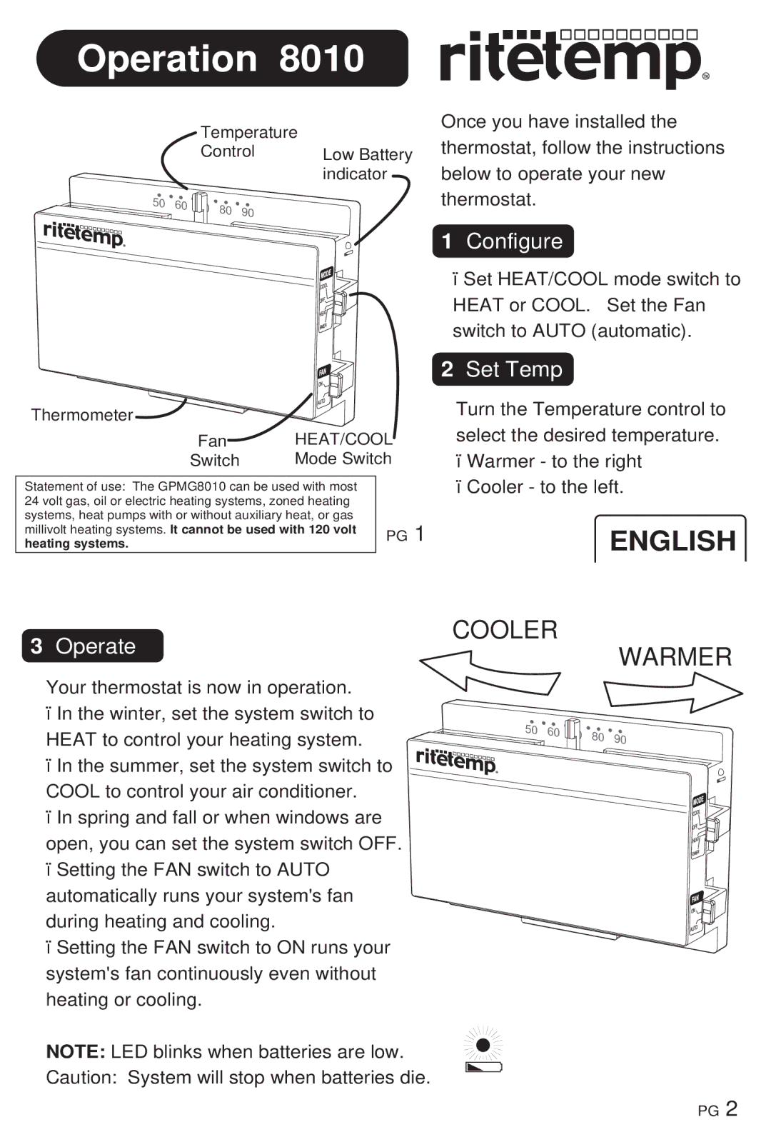 ritetemp GPMG8010 manual Operation, English, Cooler, Warmer 