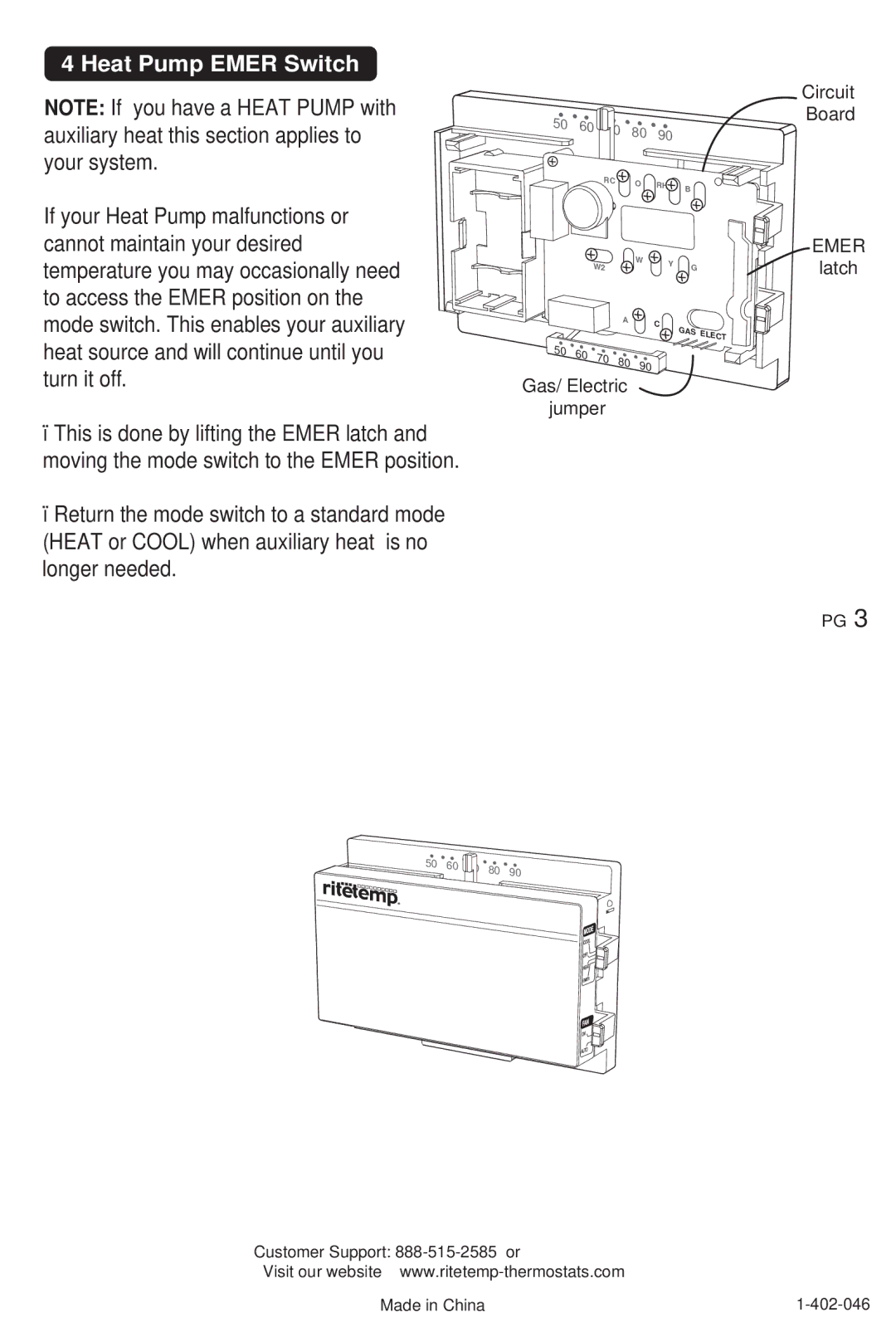 ritetemp GPMG8010 manual Heat Pump Emer Switch, Gas/ Electric jumper Circuit Board, Latch 