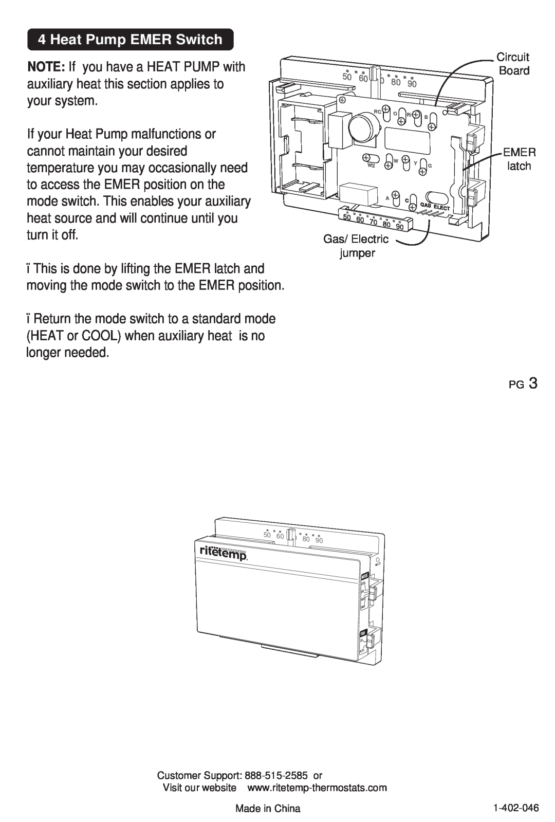 ritetemp GPMG8010 manual Heat Pump EMER Switch, Gas/ Electric jumper, Circuit Board EMER latch 