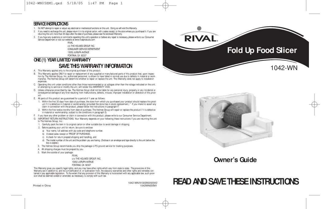 Rival 1042-WN warranty Save this Warranty Information, Service Instructions 