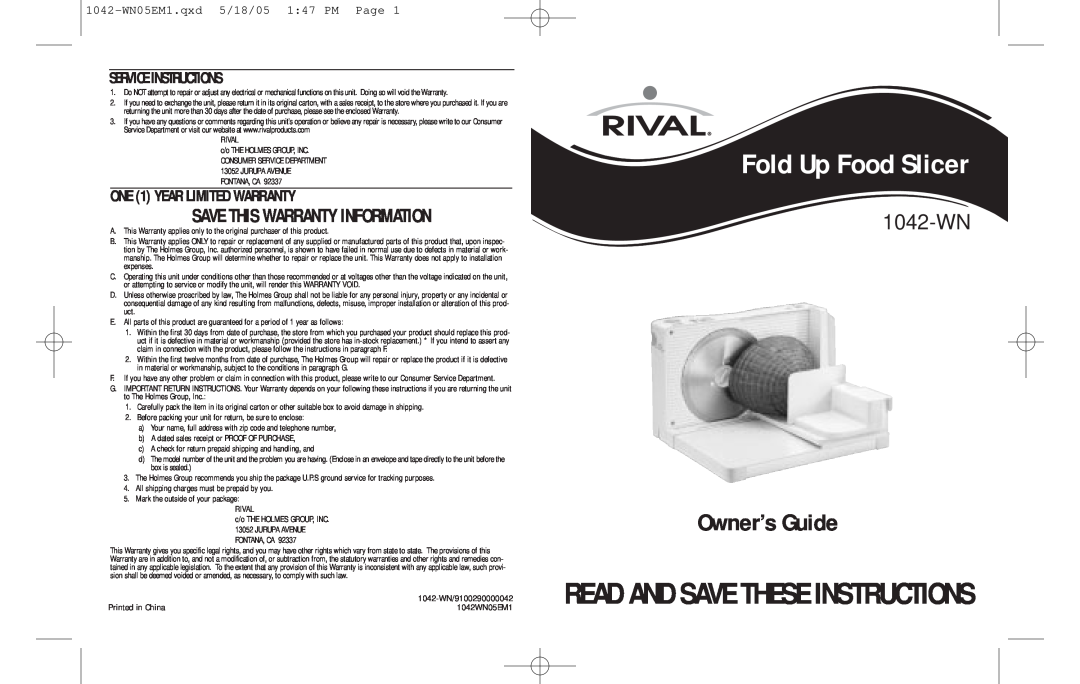 Rival 1042-WN warranty Service Instructions, ONE 1 YEAR LIMITED WARRANTY, Fold Up Food Slicer 