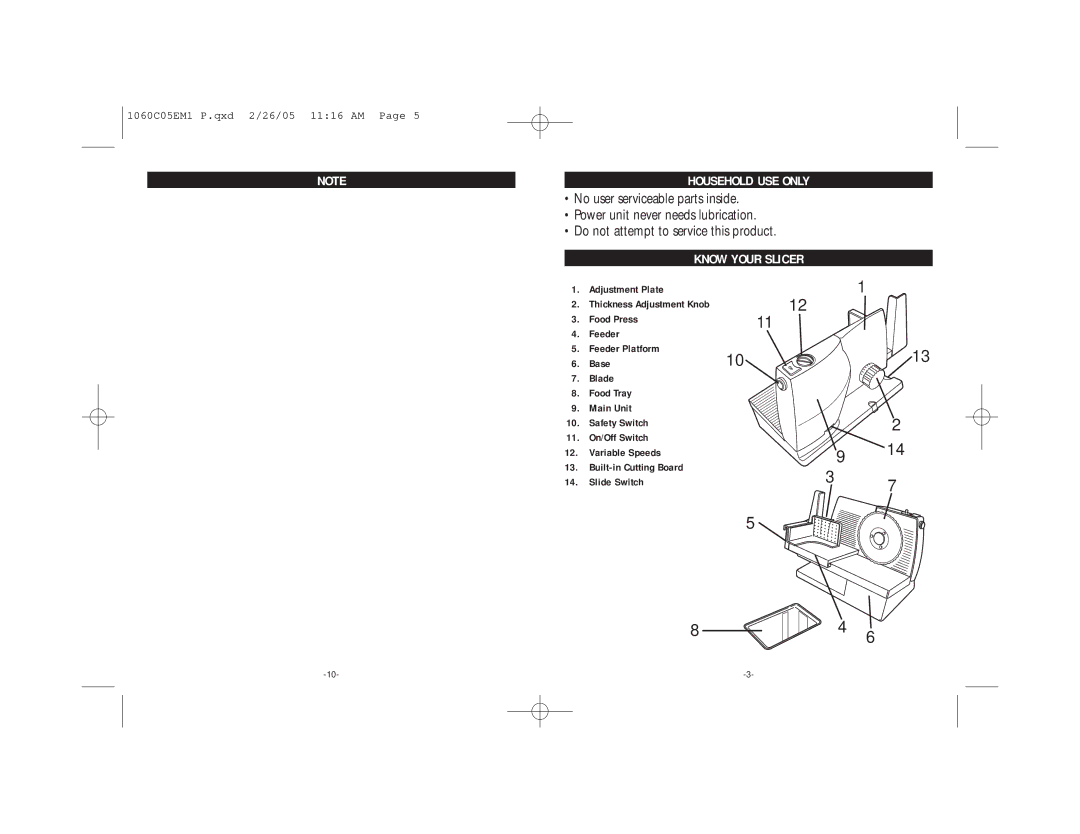 Rival 1060-C warranty Household USE only, Adjustment Plate 