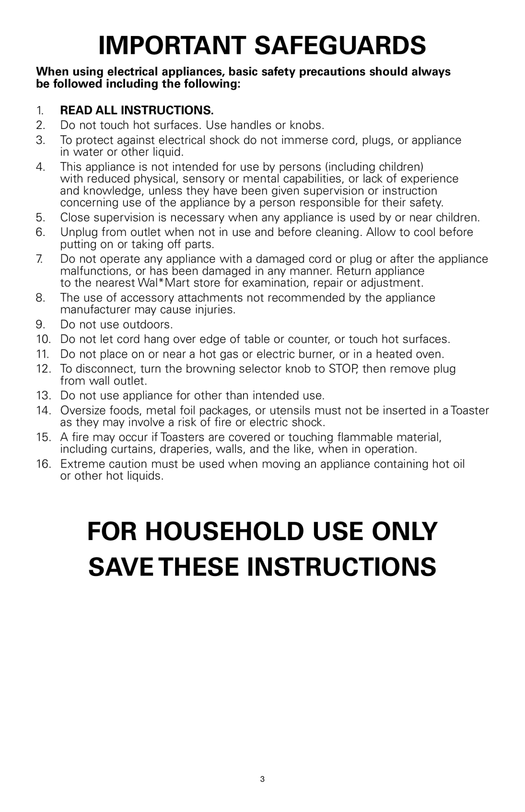 Rival 16042 manual Important Safeguards, For Household USE only Savethese Instructions, Read ALL Instructions 