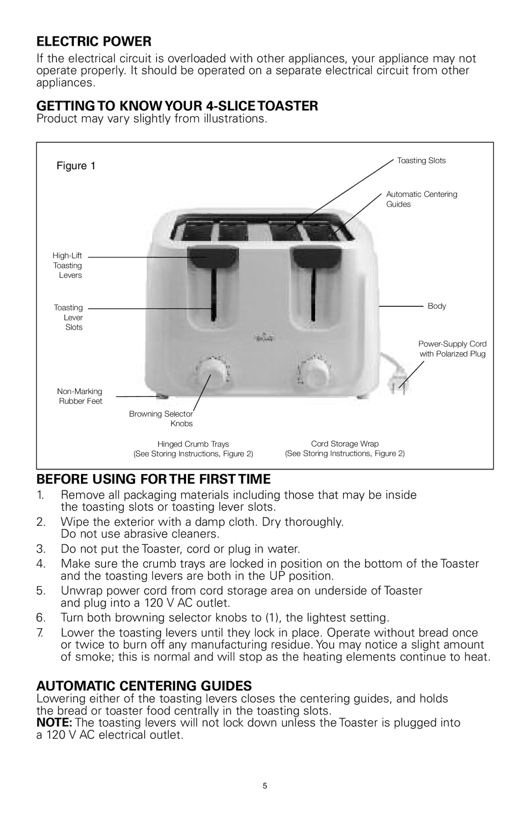 Rival 16042 manual Electric Power, Getting to Know Your 4-SLICE Toaster, Before Using for the First Time 