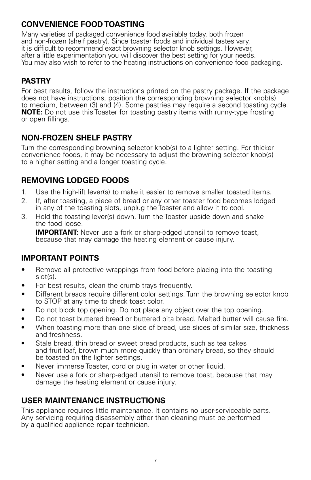 Rival 16042 manual Convenience Food Toasting, NON-FROZEN Shelf Pastry, Removing Lodged Foods, Important Points 