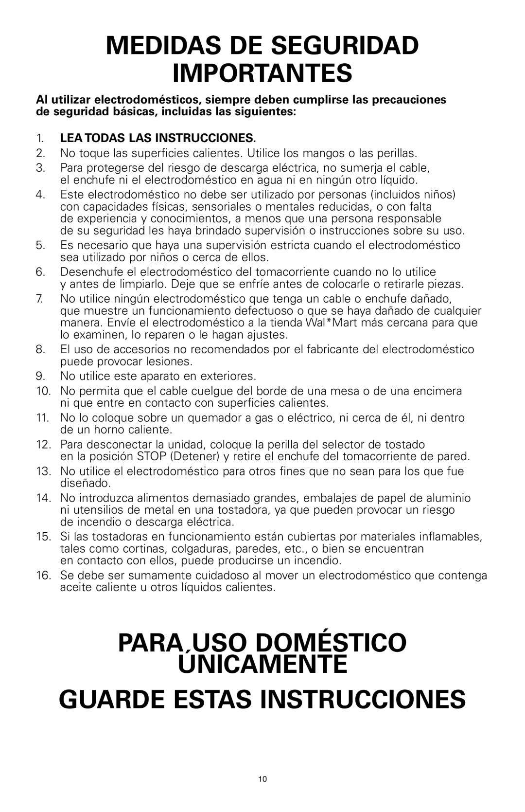 Rival 16042 manual Medidas DE Seguridad Importantes, Para USO Doméstico Únicamente Guarde Estas Instrucciones 