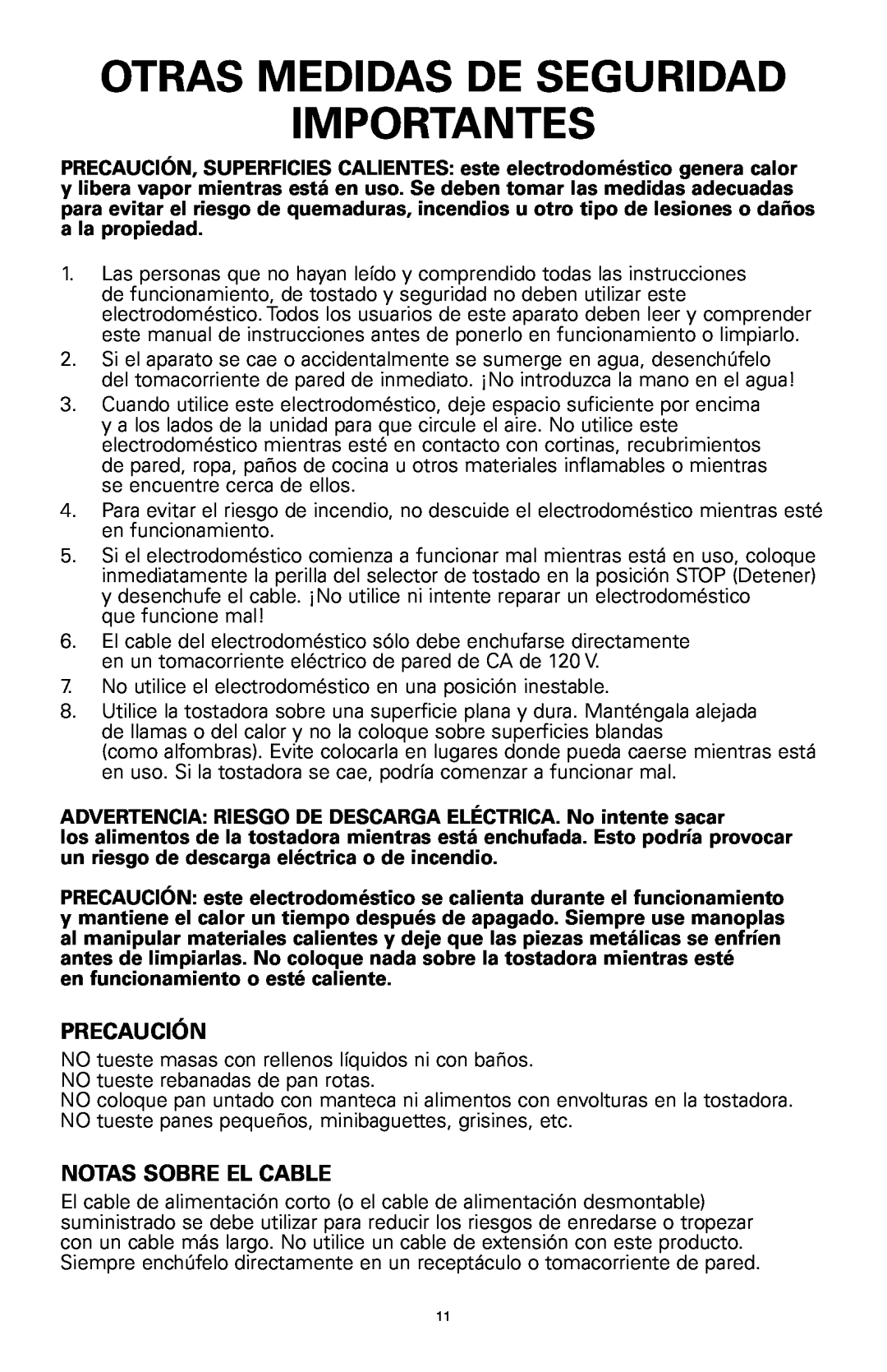 Rival 16042 manual Otras Medidas De Seguridad Importantes, Precaución, Notas Sobre El Cable 
