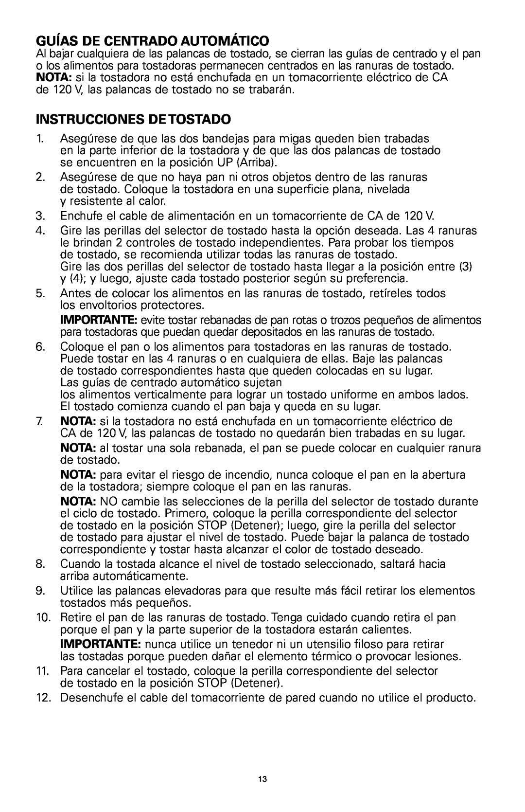 Rival 16042 manual Guías De Centrado Automático, Instrucciones De Tostado 