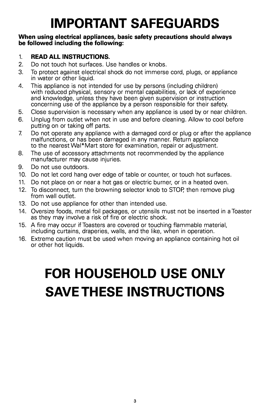 Rival 16042 manual Important Safeguards, For Household Use Only Savethese Instructions, Read All Instructions 