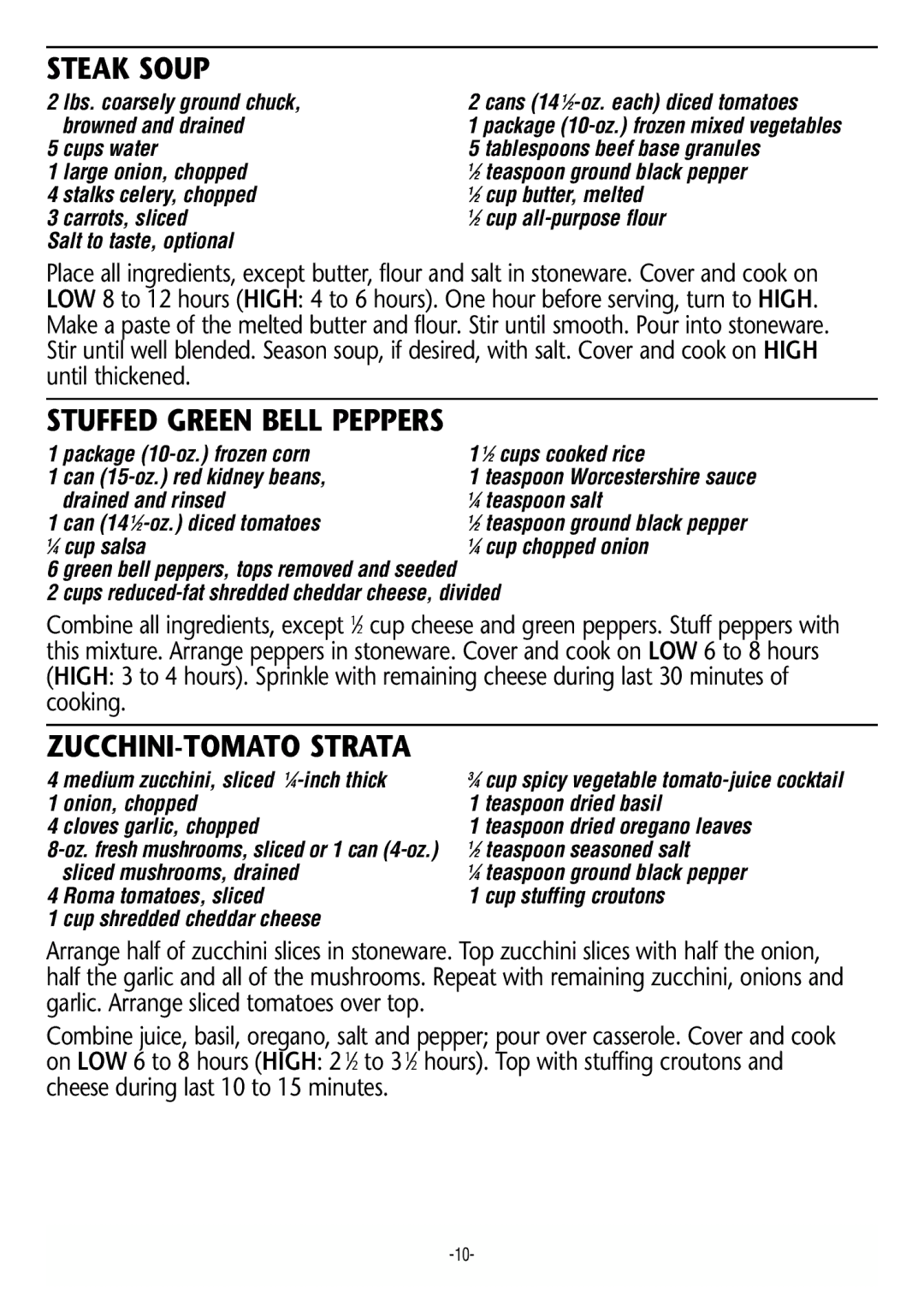 Rival 3745 manual Steak Soup, Stuffed Green Bell Peppers, ZUCCHINI-TOMATO Strata 