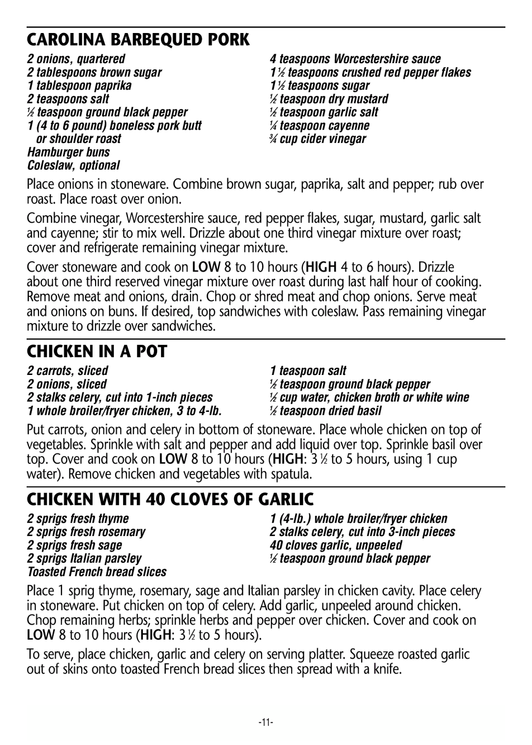 Rival 3745 manual Carolina Barbequed Pork, Chicken in a POT, Chicken with 40 Cloves of Garlic 