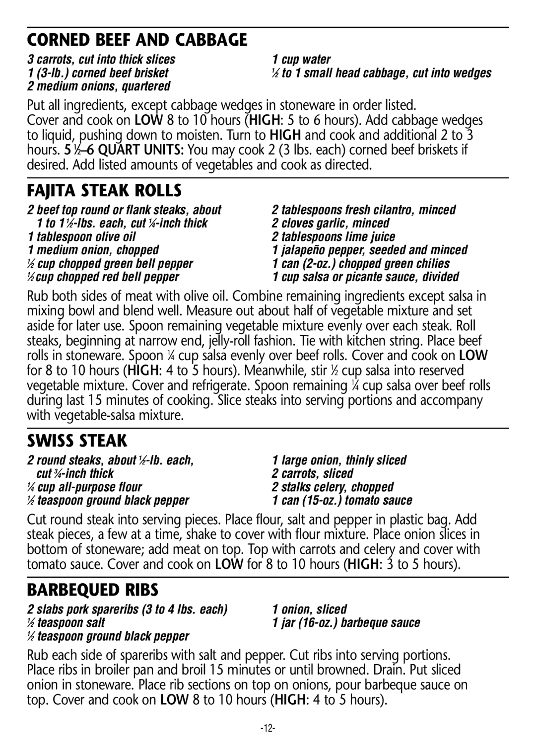 Rival 3745 manual Corned Beef and Cabbage, Fajita Steak Rolls, Swiss Steak, Barbequed Ribs 