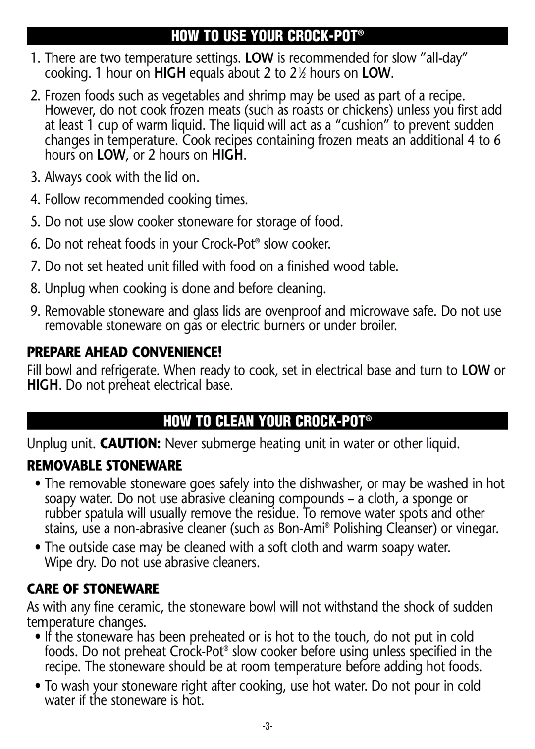 Rival 3745 manual HOW to USE Your CROCK-POT, Prepare Ahead Convenience, HOW to Clean Your CROCK-POT, Removable Stoneware 