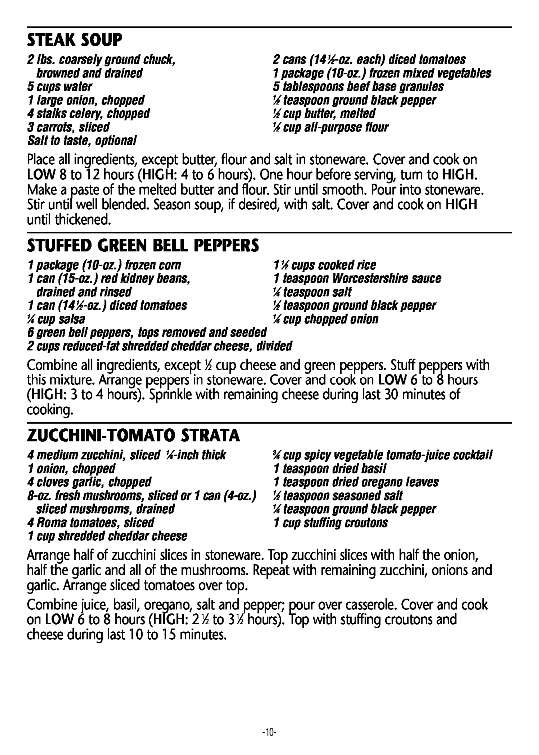 Rival 3745 manual Steak Soup, Stuffed Green Bell Peppers, Zucchini-Tomatostrata 