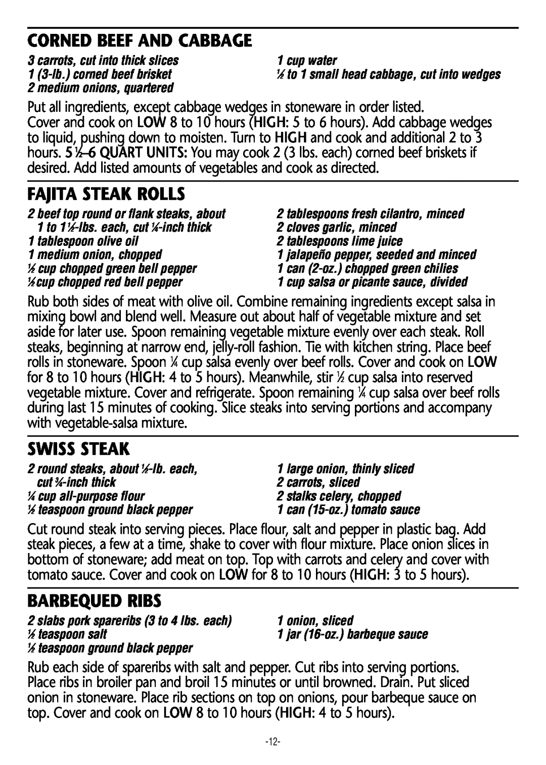 Rival 3745 manual Corned Beef And Cabbage, Fajita Steak Rolls, Swiss Steak, Barbequed Ribs 