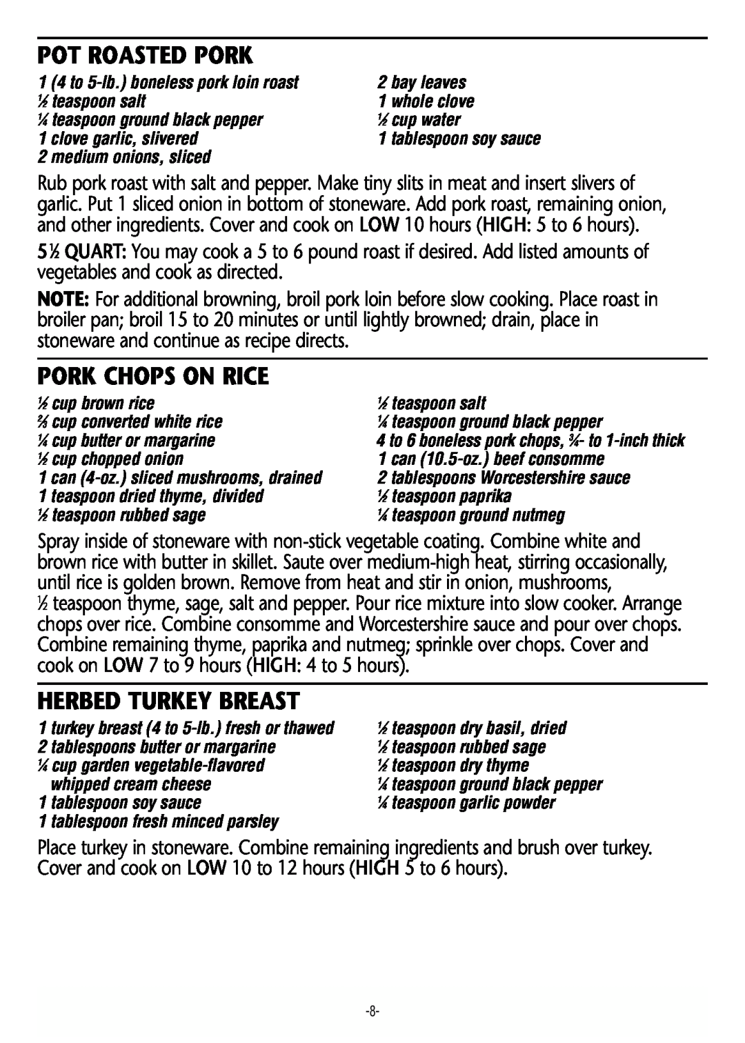 Rival 3745 manual Pot Roasted Pork, Pork Chops On Rice, Herbed Turkey Breast 