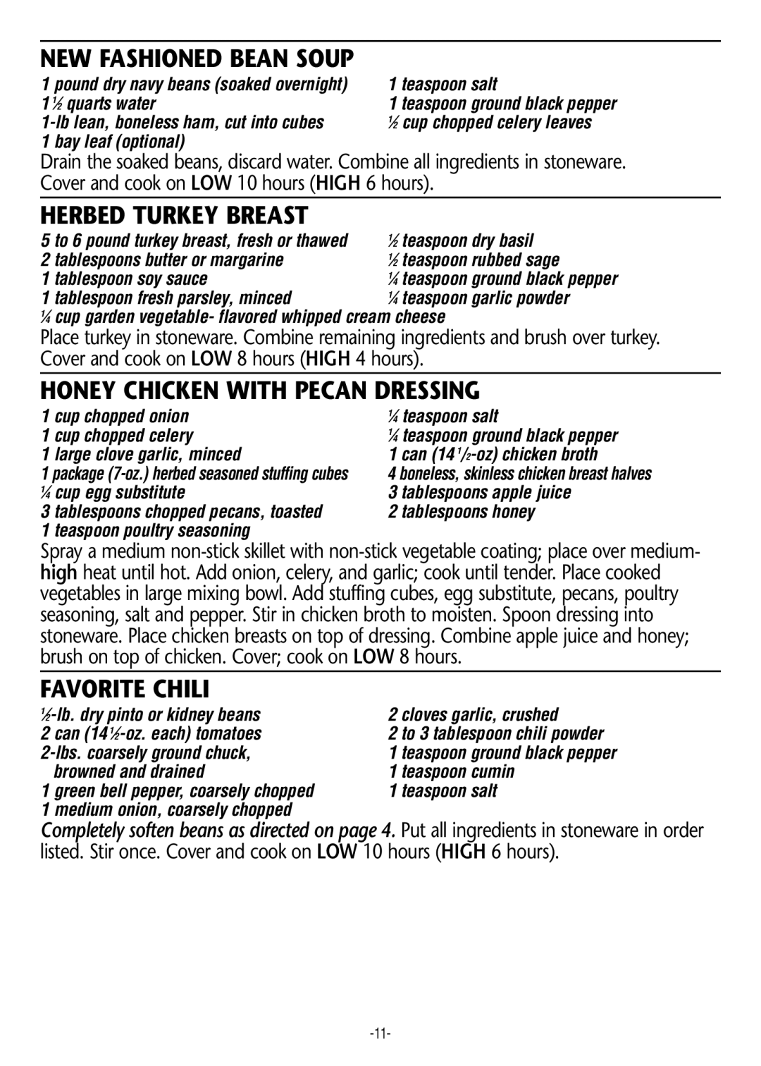 Rival 3845, 3850, 3860 NEW Fashioned Bean Soup, Herbed Turkey Breast, Honey Chicken with Pecan Dressing, Favorite Chili 