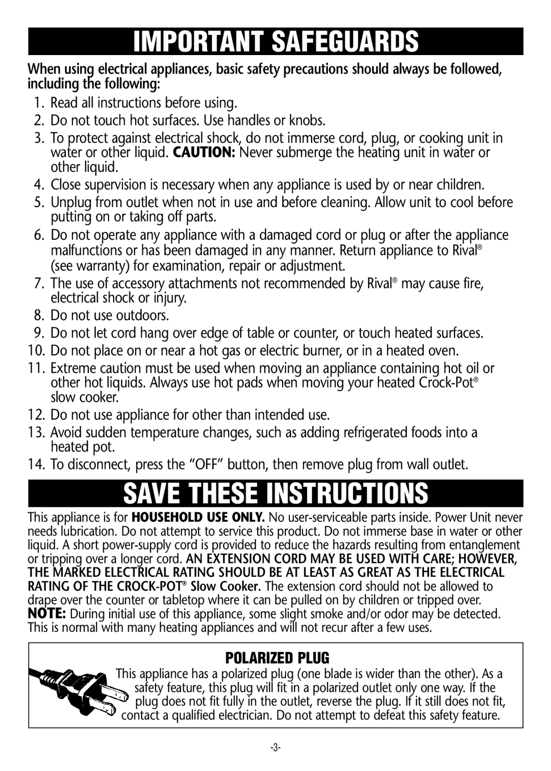 Rival 3845, 3850, 3860, 3855 manual Important Safeguards, Polarized Plug 
