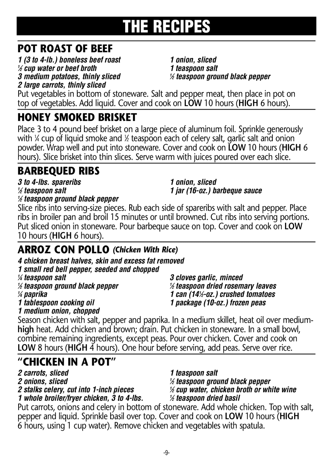 Rival 3860, 3850, 3855, 3845 manual POT Roast of Beef, Honey Smoked Brisket, Barbequed Ribs, Chicken in a POT 